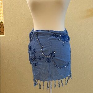 Blue Embroidered Fringe Wrap Skirt